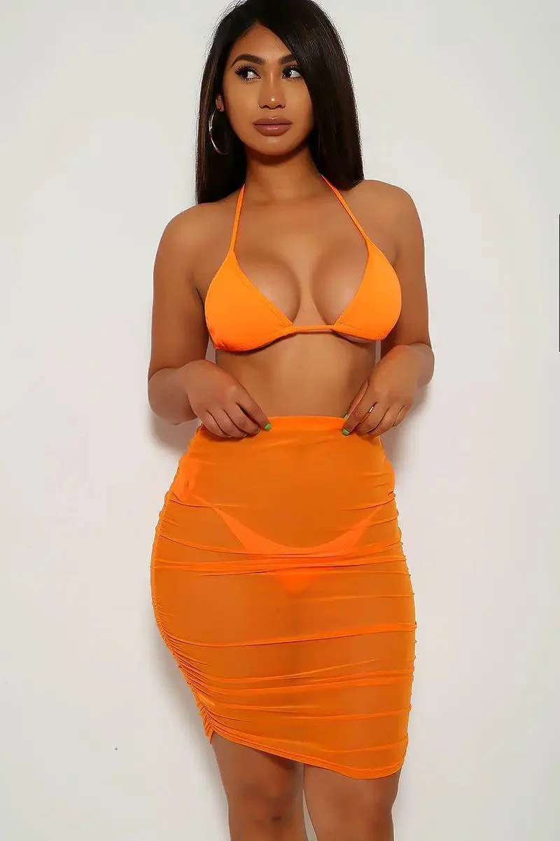 Neon Orange Mesh High Waist Three Piece Swimsuit