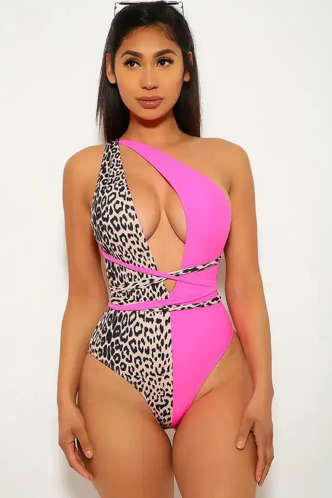 Neon Pink Leopard Print One Piece Monokini