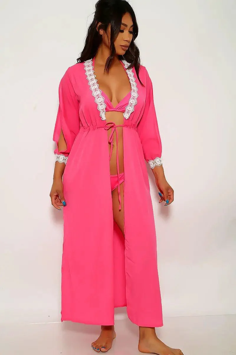 Neon Pink Mesh Three Piece Swimsuit Set