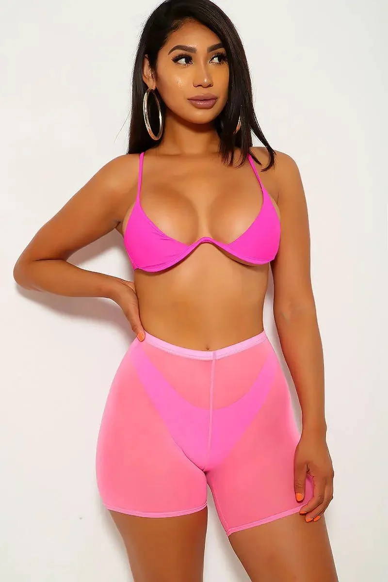 Neon Pink V Underwire Three Piece Swimsuit Set