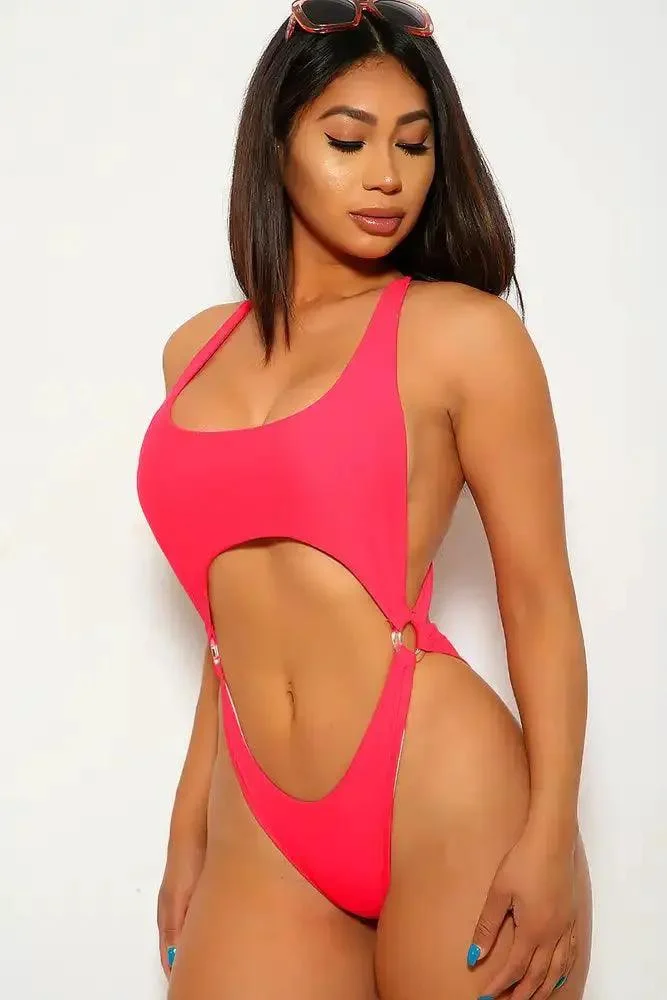Neon Red Cut Out Pucker back One Piece Swimsuit