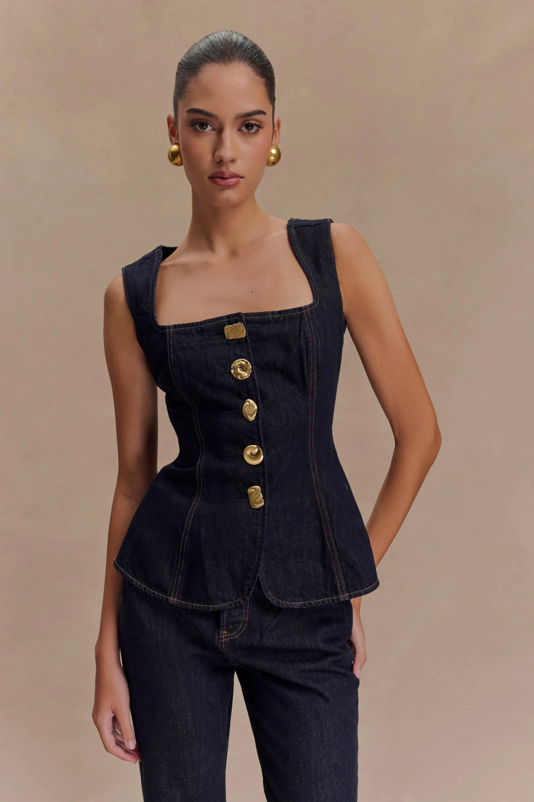 NeveFINAL SALESleeveless Buttoned Denim Top - Washed Indigo Blue