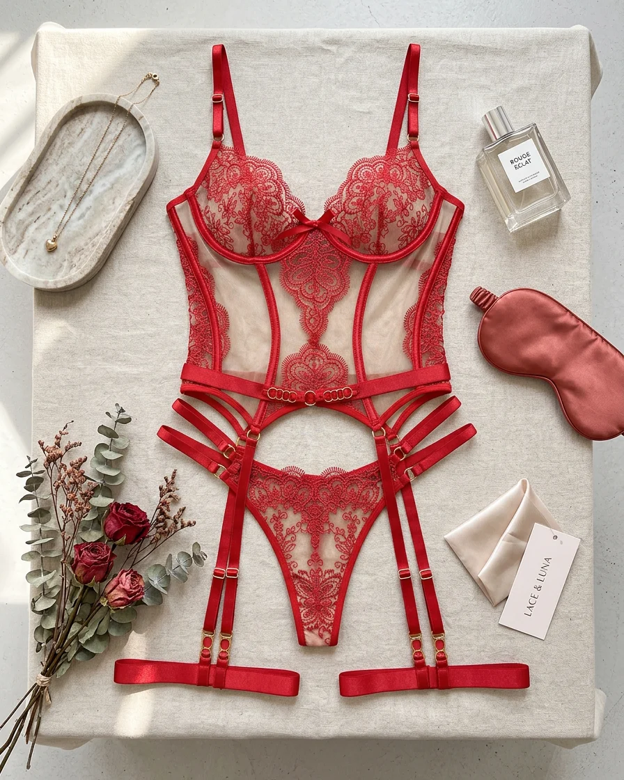 Never Look Back – Contouring Red Lace Lingerie Set