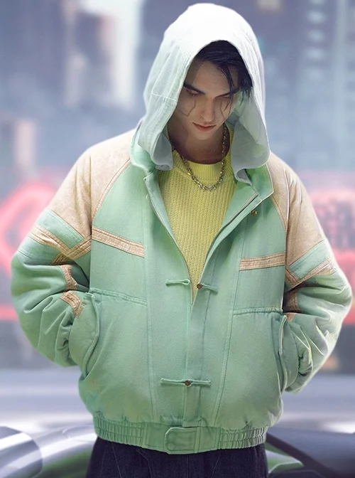 New Chinese Style Cyan Denim Splicing Leather Washing Craft Thickened Windproof Cyberpunk Hooded Short Jacket
