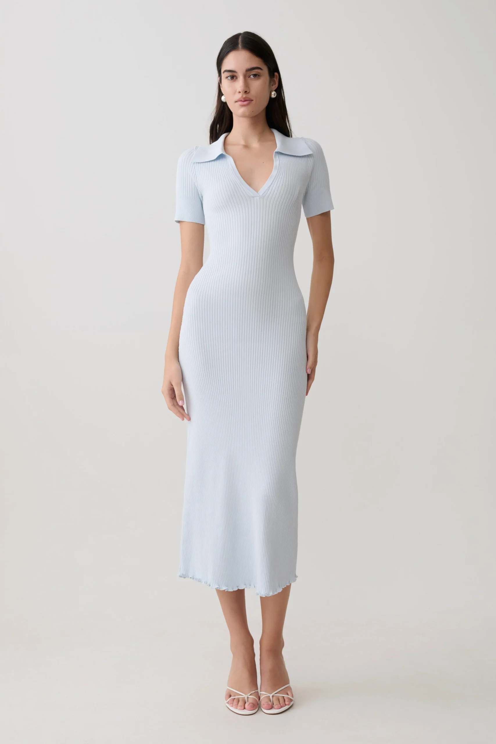 NichelleShort Sleeve Collared Knit Midi Dress - Light Blue
