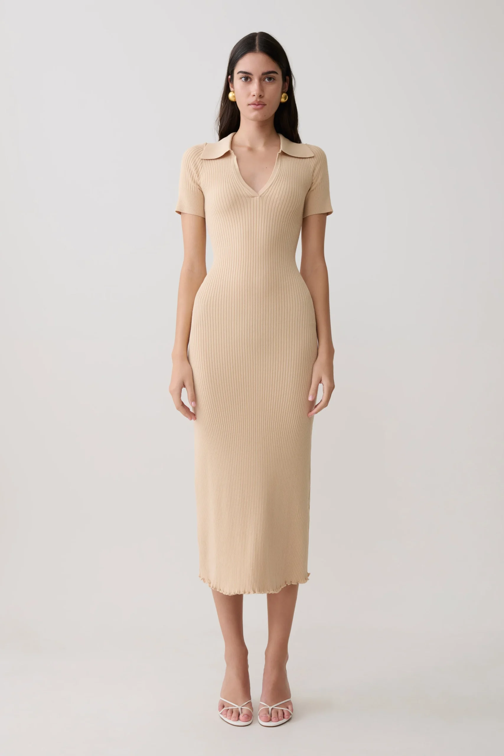 NichelleShort Sleeve Collared Knit Midi Dress - Natural