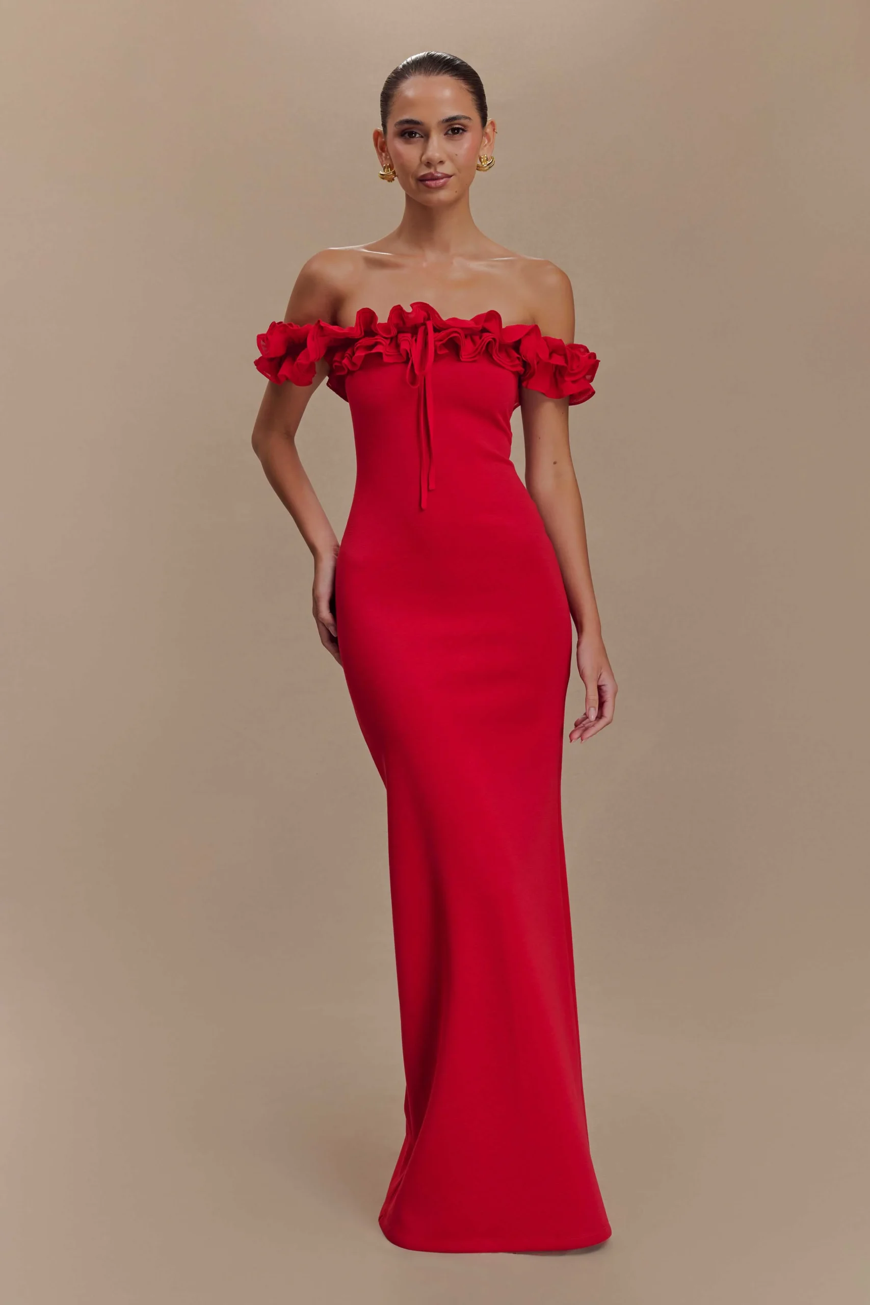 NovaRuffle Off Shoulder Maxi Dress - Ruby