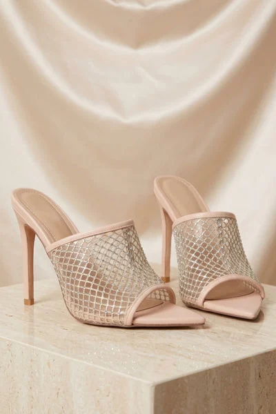 Nude Diamante Perspex Strap Mules - Britney