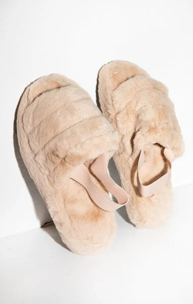 Nude Fluffy Faux Fur Elasticated Back Flatform Slippers - Amara
