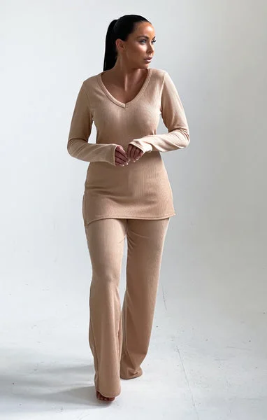Nude Ribbed V Neck Long Sleeve Loungewear Set - Trisha