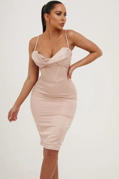 Nude Satin Strappy Drape Front Corset Style Midi Dress - Saga