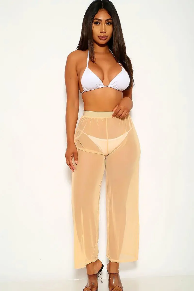 Nude White Mesh Three Piece Swimsuit Set