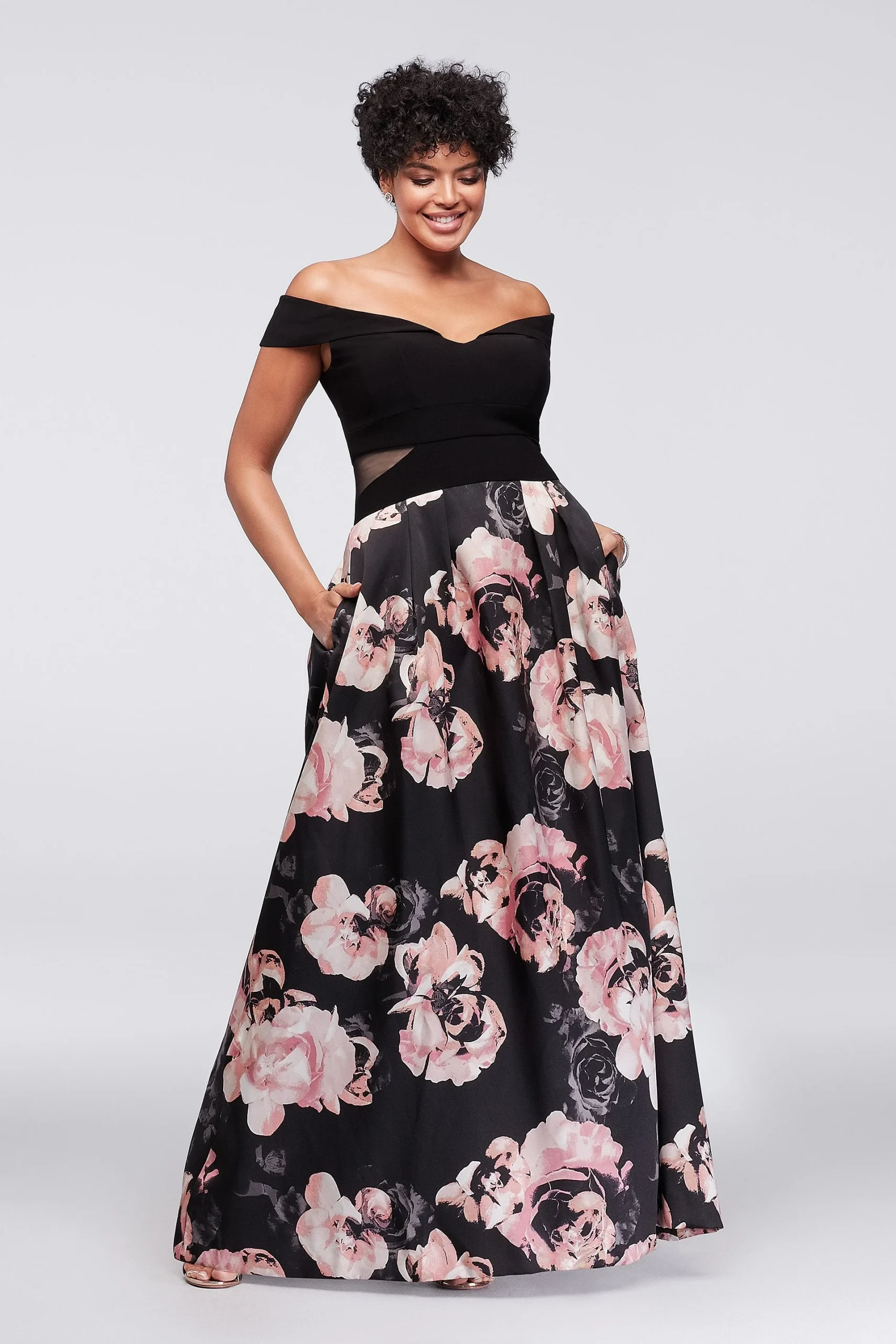 Off-the-Shoulder Floral Jersey and Satin Ball Gown