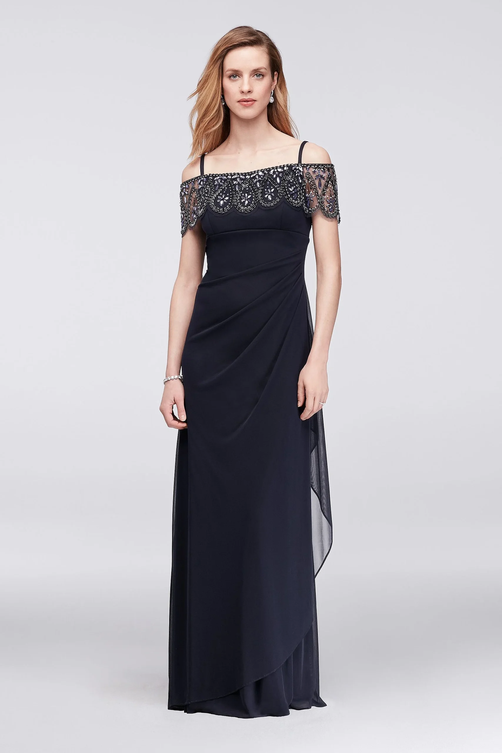 Off-The-Shoulder Mesh Dress with Beaded Flounce