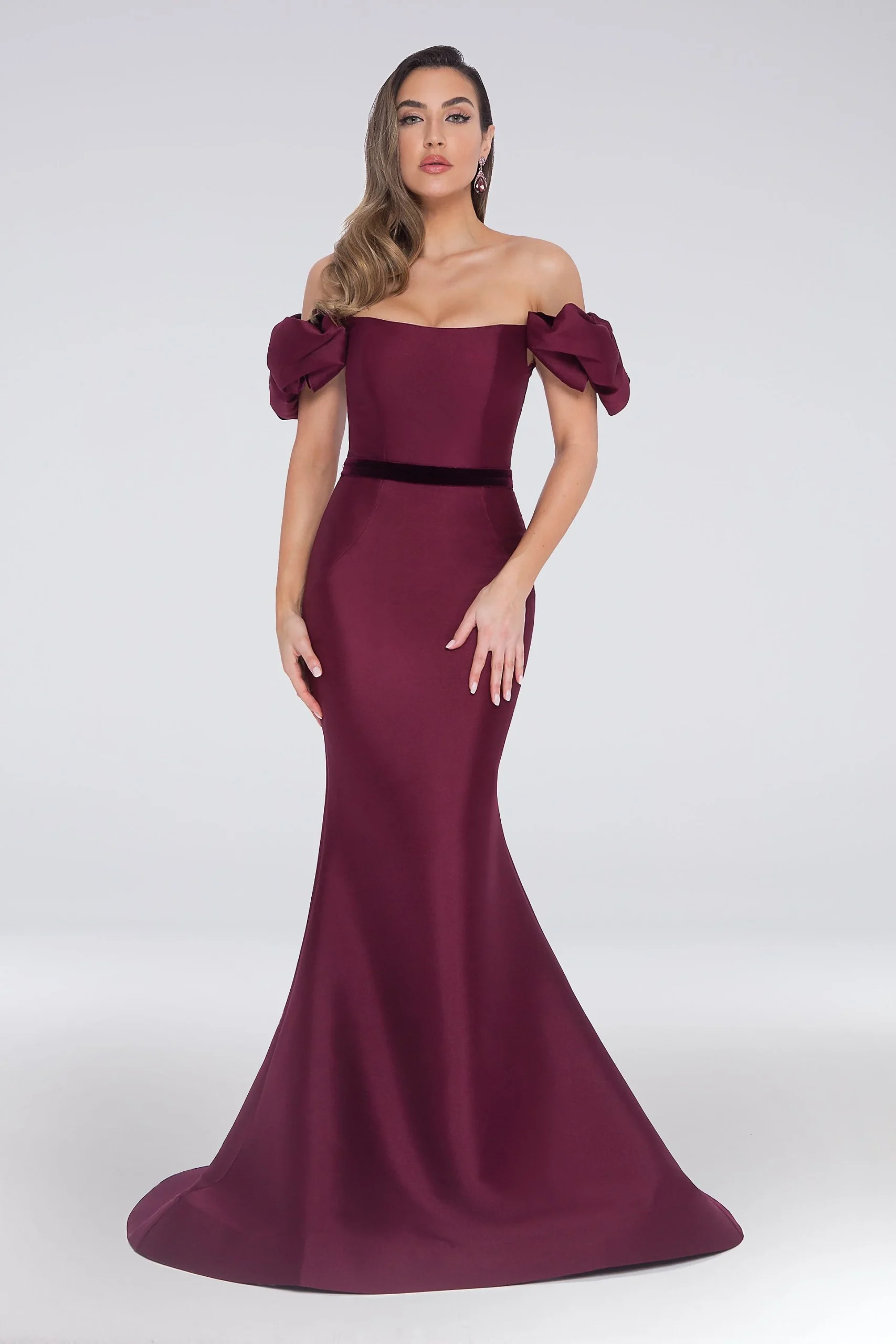 Off-the-Shoulder Pouf Sleeve Mikado Mermaid Dress