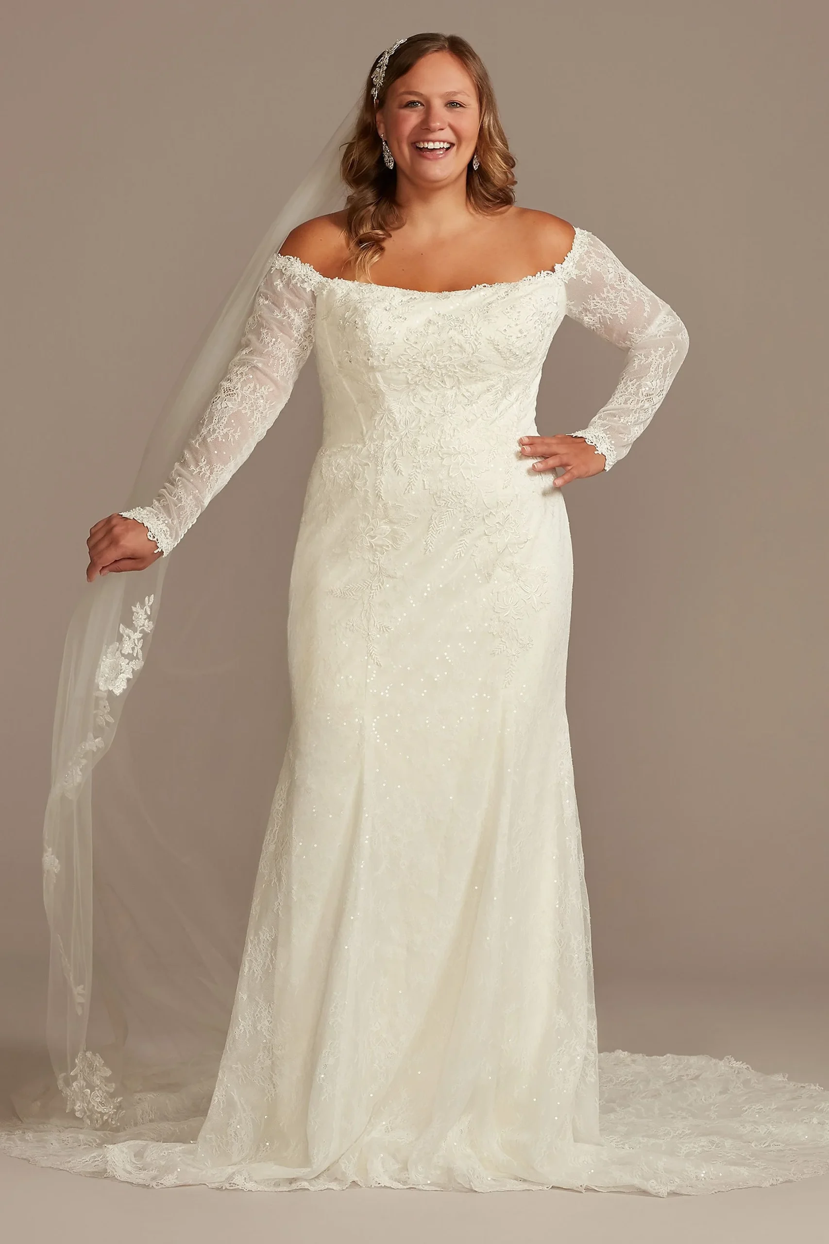 Off Shoulder Sequin Lace Plus Wedding Dress