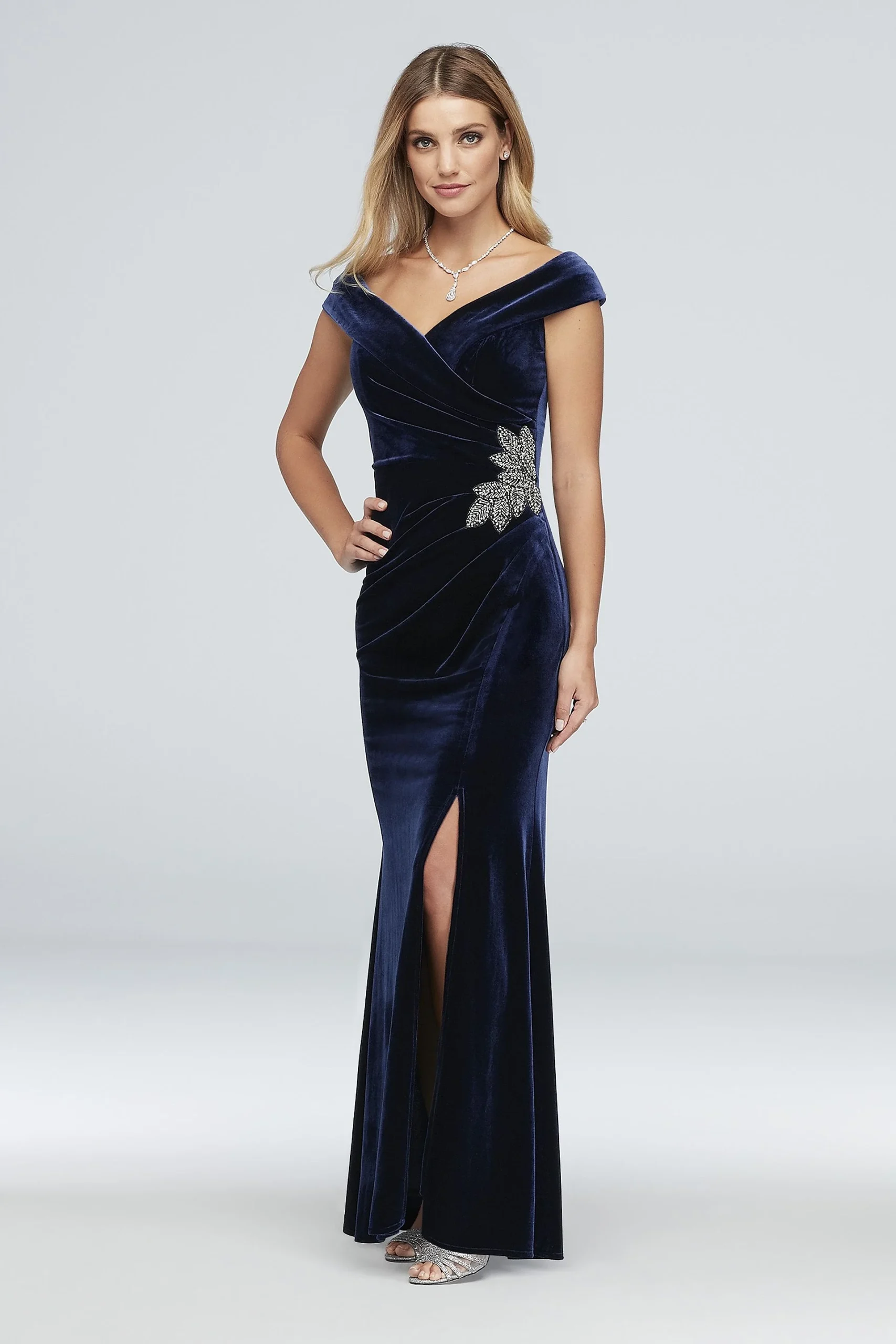 Off-the-Shoulder Velvet Gown with Beaded Detail