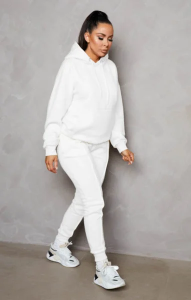 Off White Oversized Hoodie & High Waisted Seam Front Cuffed Joggers Loungewear Set - Martha