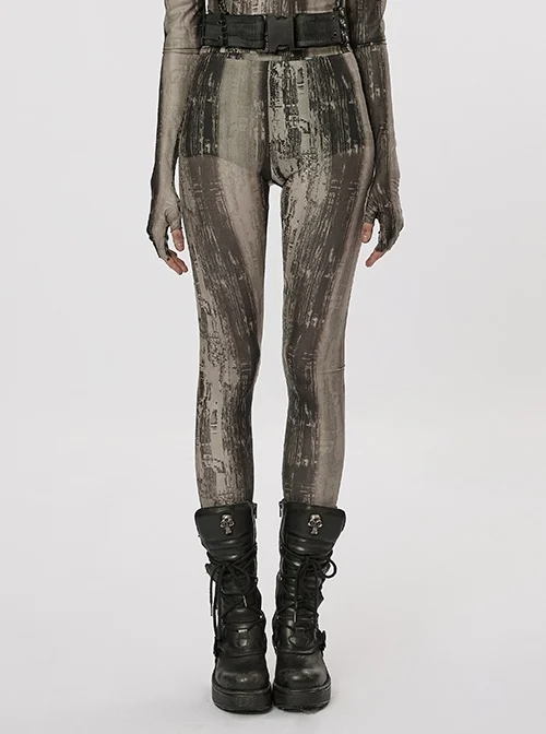 Old-Fashioned Stretch-Print Mesh Black And Yellow Punk Style Leggings