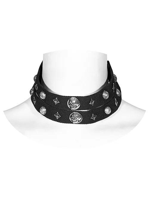 Old Look Black Woven With Metal Skull Pattern Rivets To Decorate The Punk Style Double Neck Collar