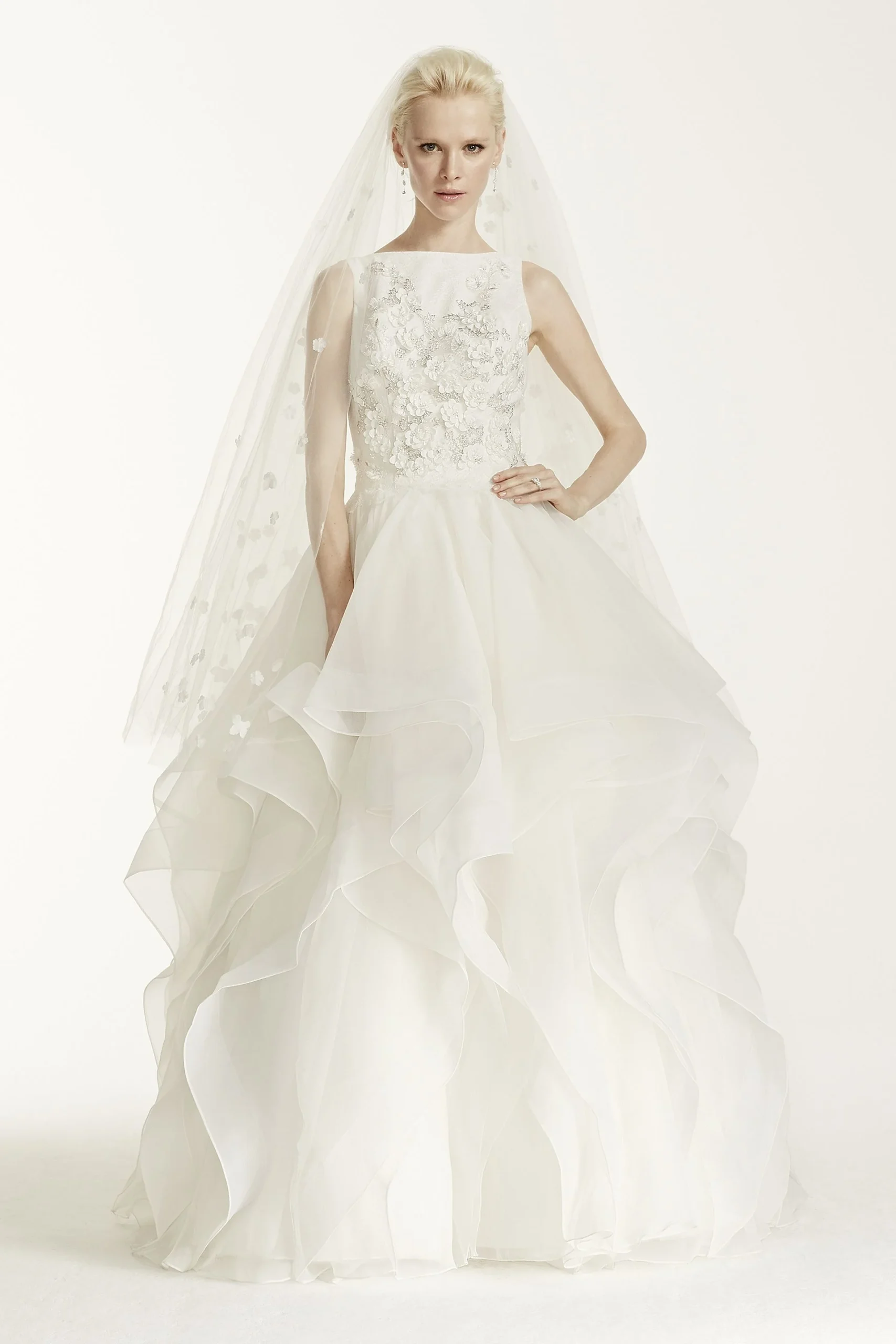 Oleg Cassini High Neck 3D Floral Wedding Dress