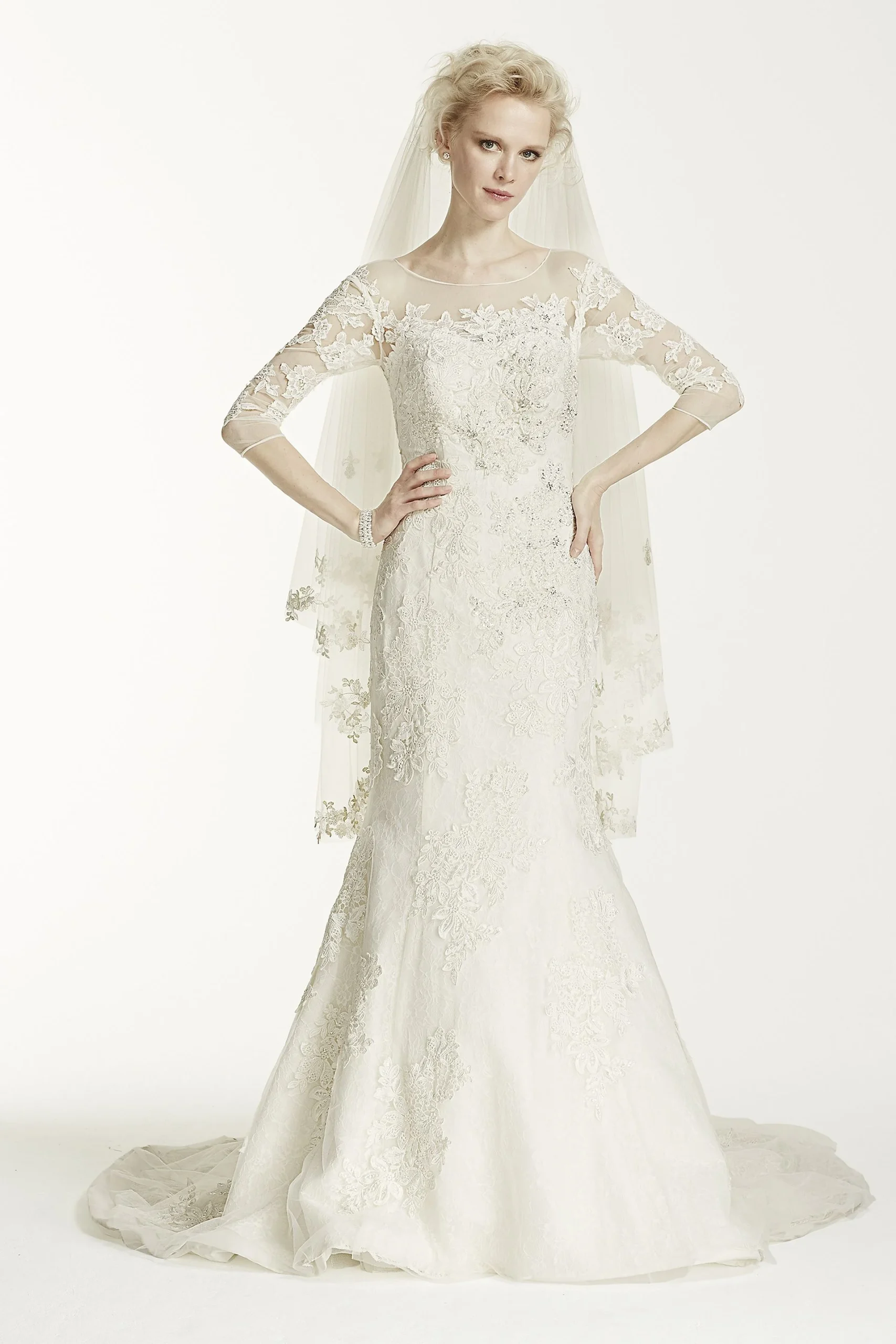 Oleg Cassini Illusion 3/4 Sleeve Wedding Dress