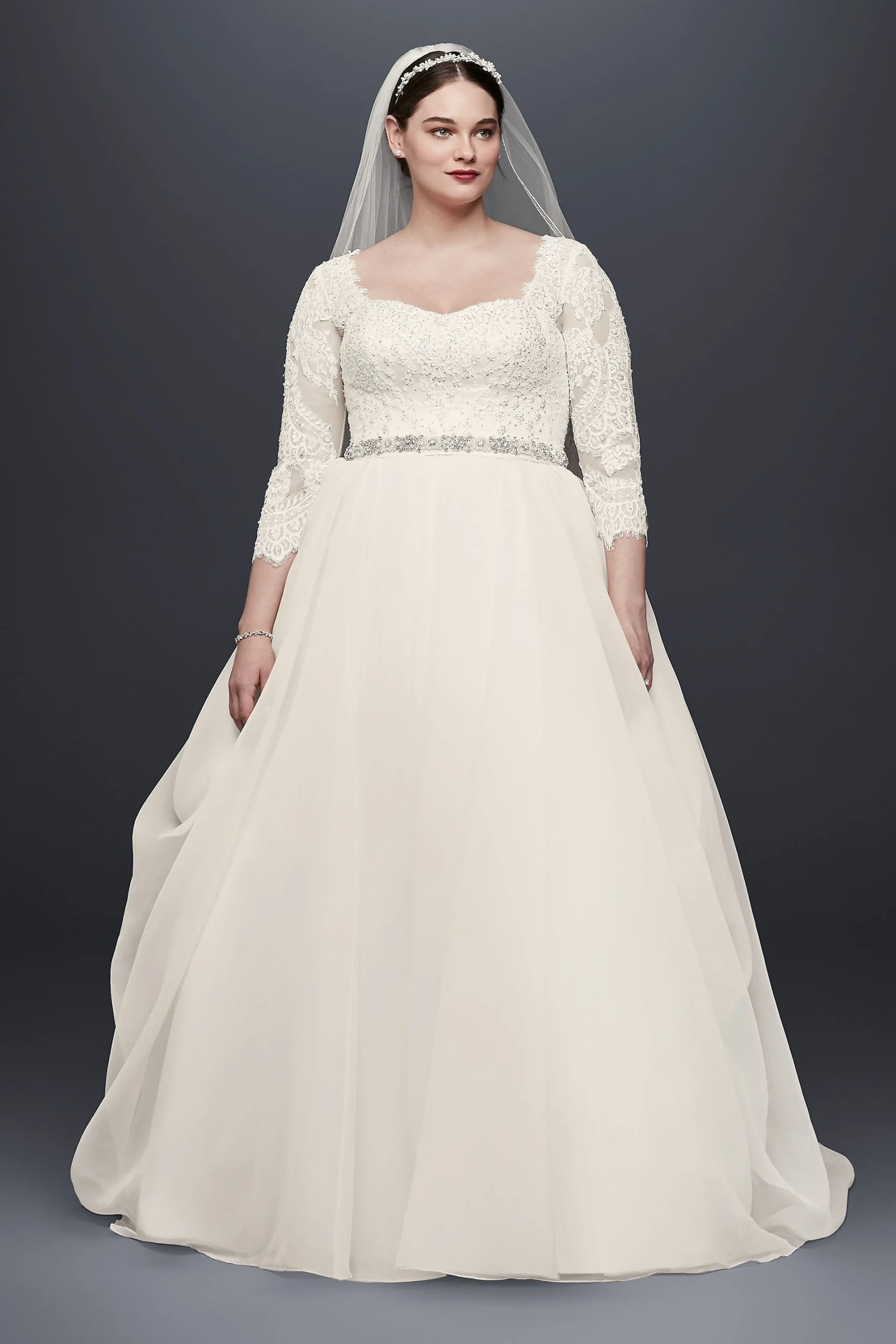 Oleg Cassini Organza 3/4 Sleeved Wedding Dress