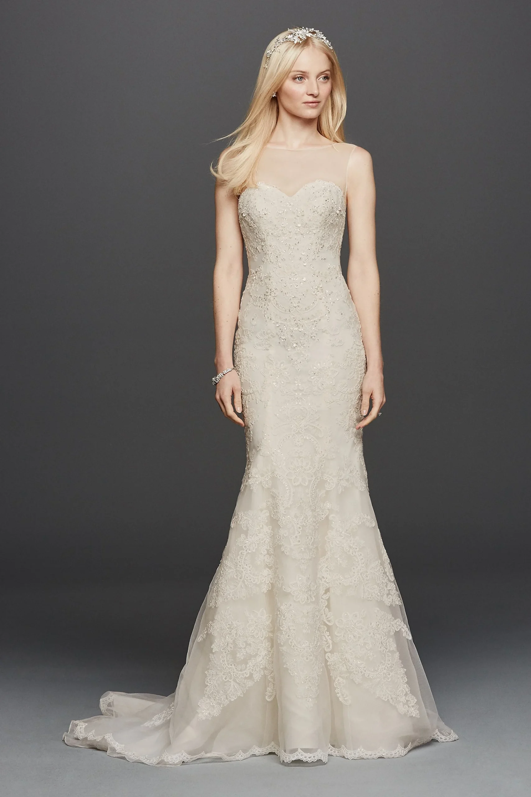 Oleg Cassini Sleeveless Lace Mermaid Wedding Dress