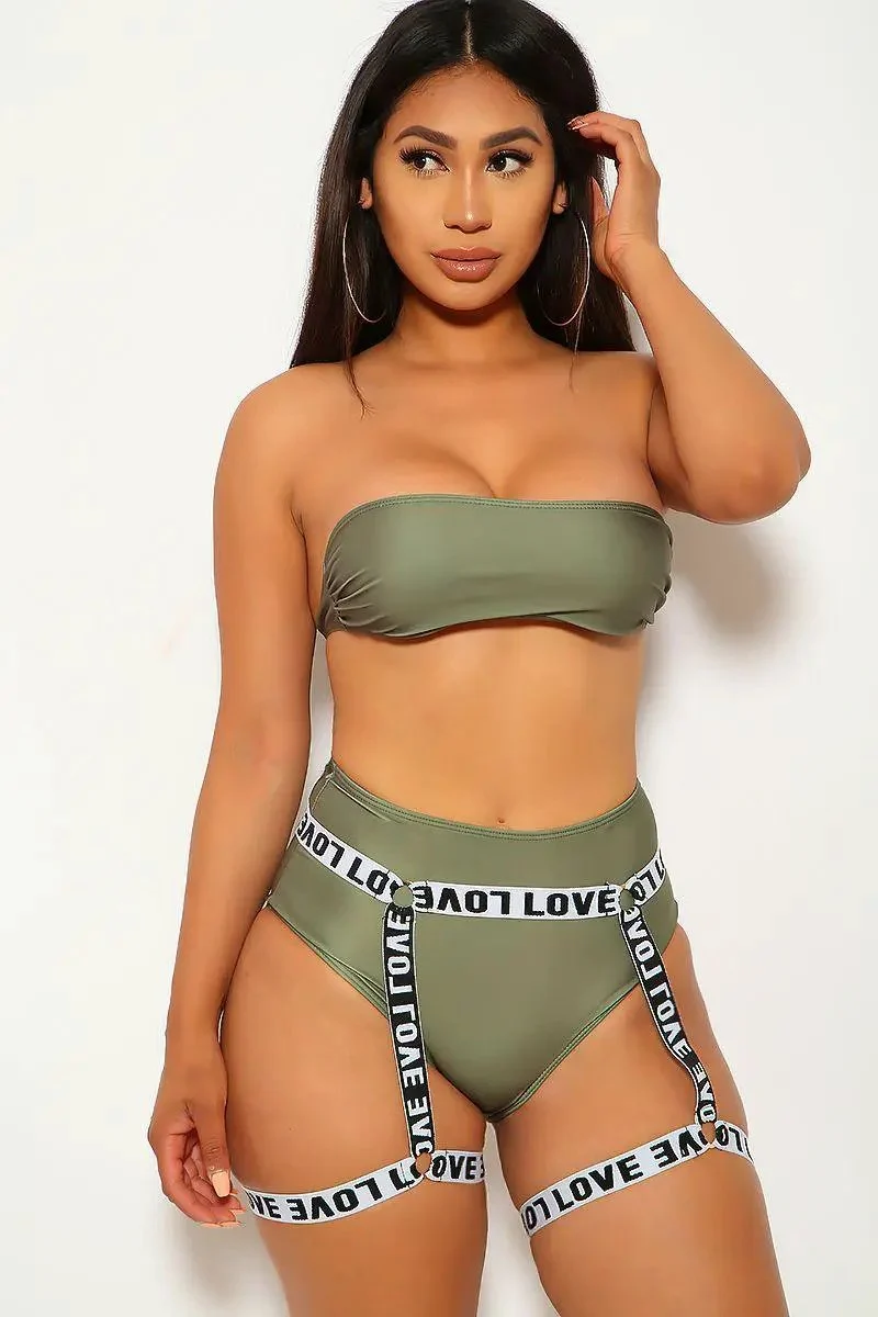 Olive Bandeau Strappy Three Piece Swimsuit
