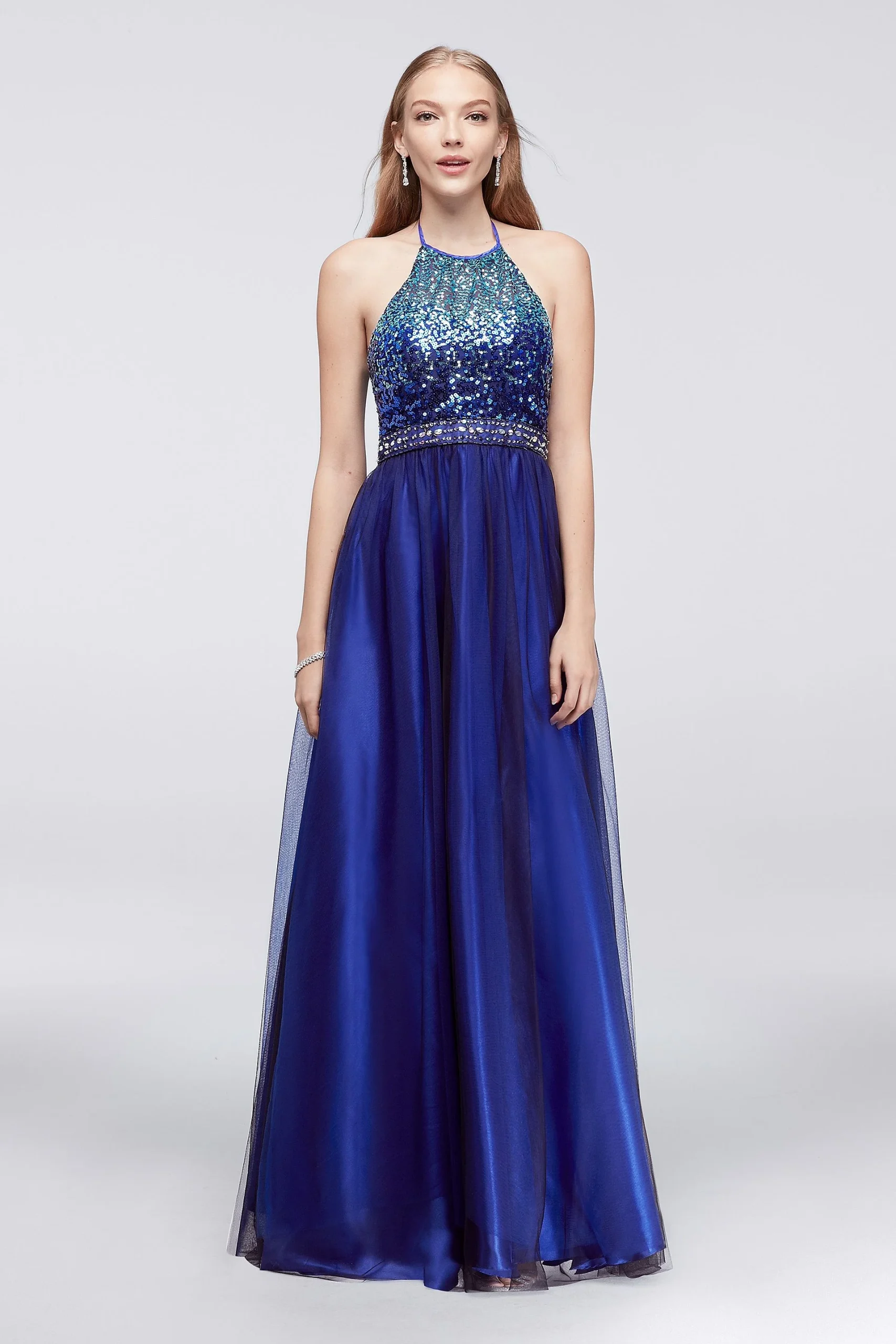 Ombre Sequin Halter Dress with Beaded Waist