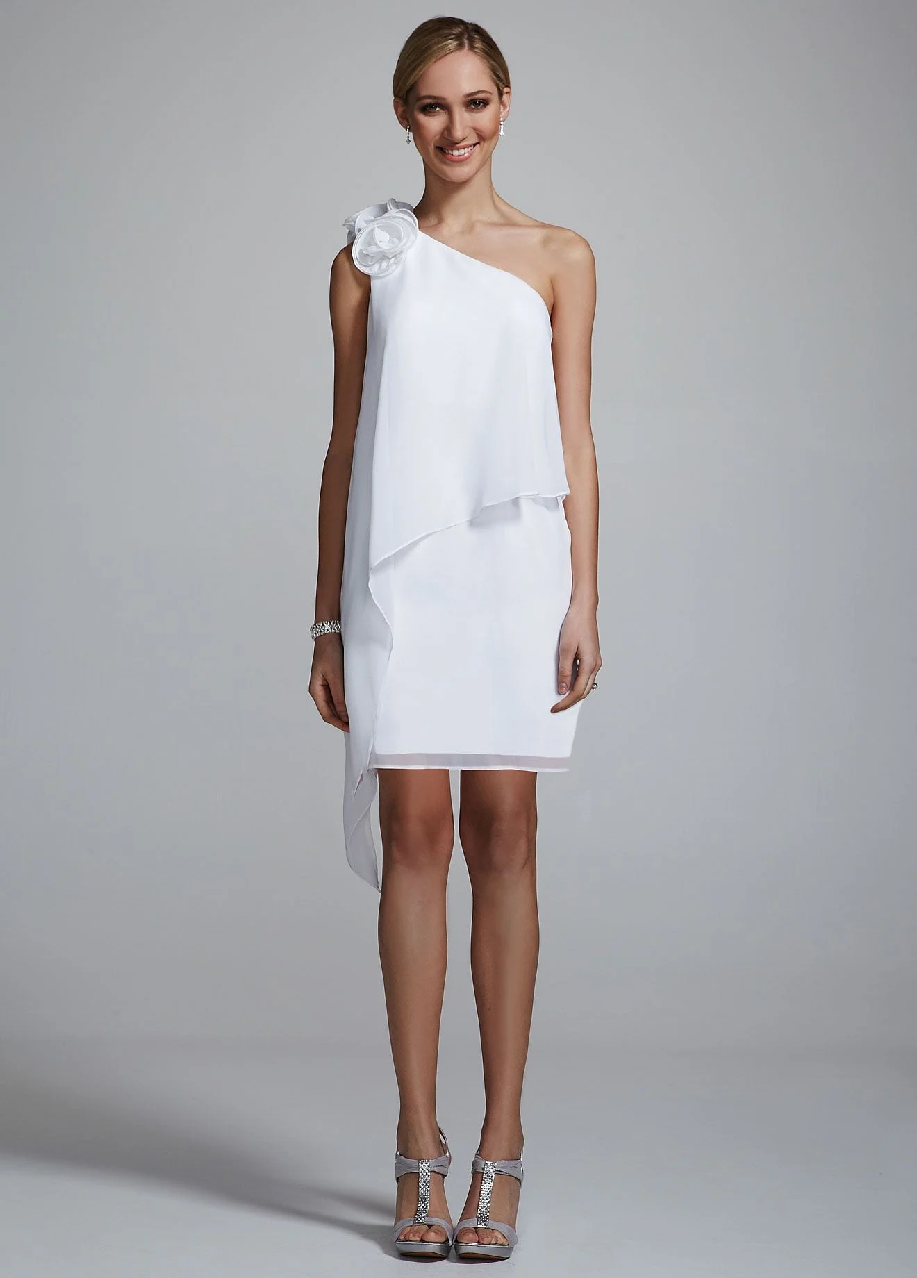 One Shoulder Chiffon Dress with 3D Floral Detail