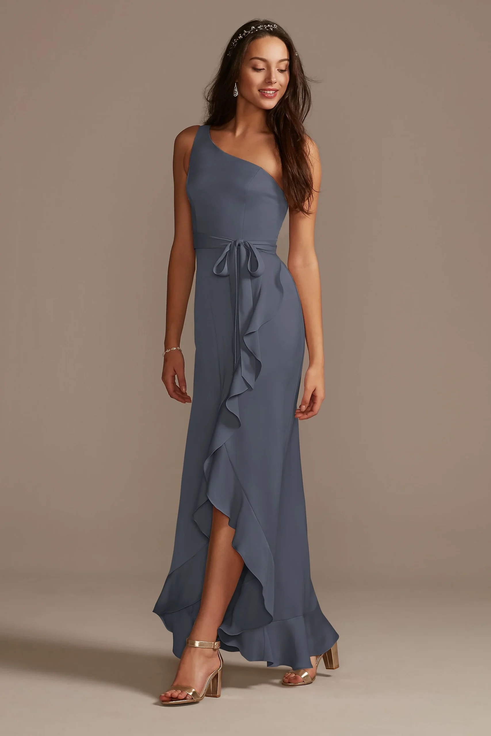 One Shoulder Crepe Satin Ruffle Dress