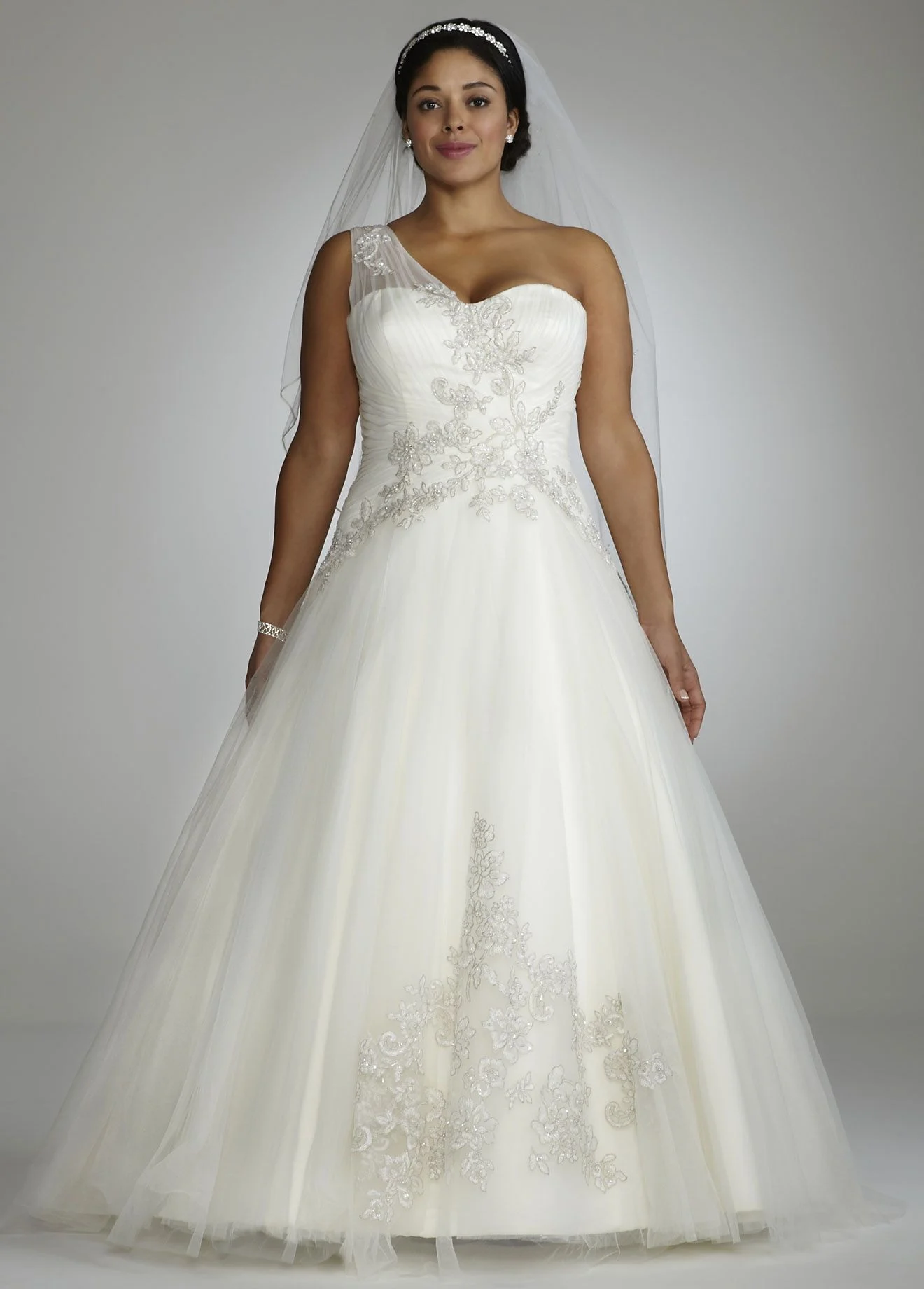 One Shoulder Tulle Ball Gown with Lace Appliques