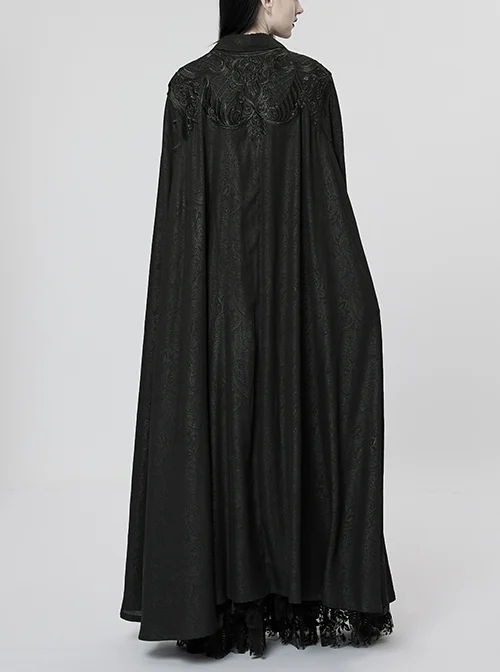 Opposite Lapel Tapered Crystal Pendant Hand Position Slit Shoulder Mesh Lace Appliqué Black Gothic Lapel Cape