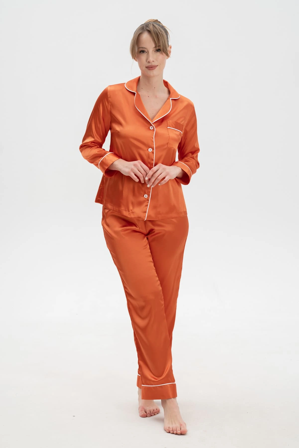 Orange Pyjamas with Long Sleeves and Button Up Top