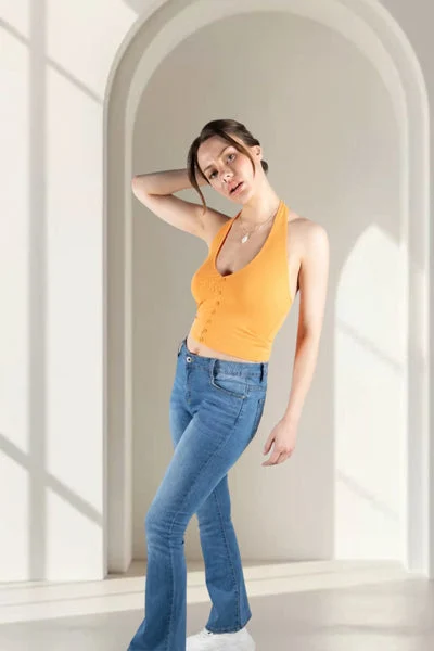 Orange Ribbed Halter Neck Button Front Top - Lila