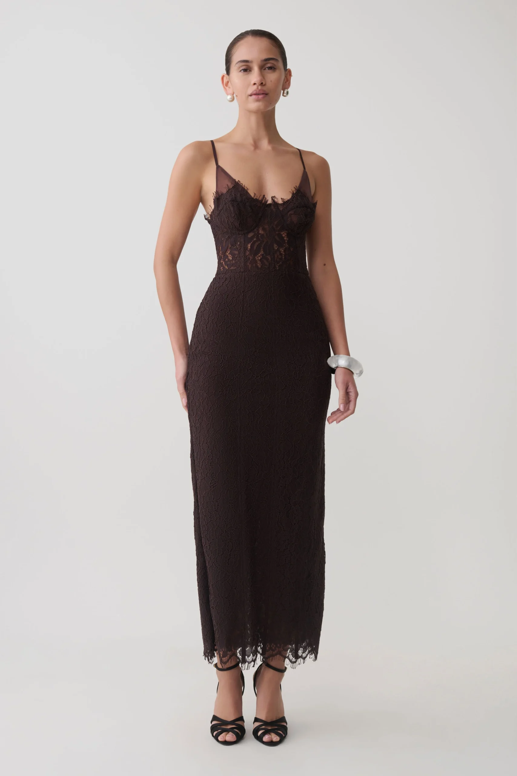 OttilieLace And Mesh Midi Dress - Dark Chocolate