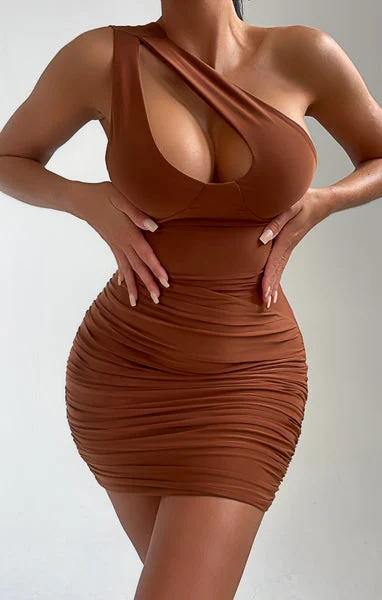 Pale Chocolate Asymmetric Strap Cut Out Mini Dress - Mila