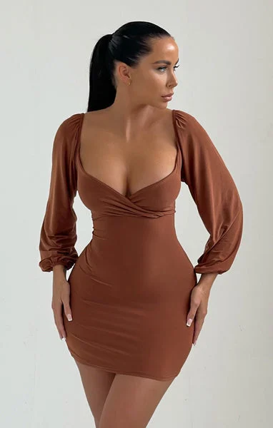 Pale Chocolate Balloon Sleeve Bardot Mini Dress - Meghan