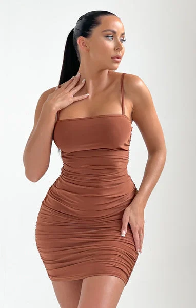 Pale Chocolate Slinky Ruched Thin Strap Midi Dress - Vienna