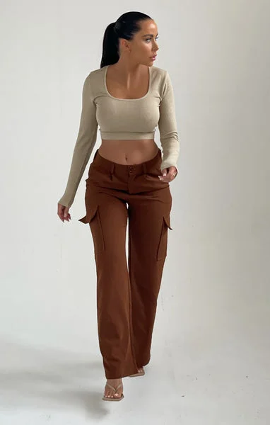 Pale Chocolate Straight Leg Side Pocket Cargo Trousers - Demi
