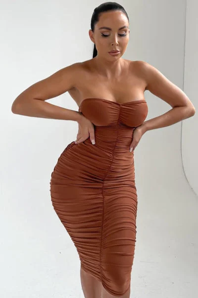 Pale Chocolate Strapless Ruched Midi Dress - Salma