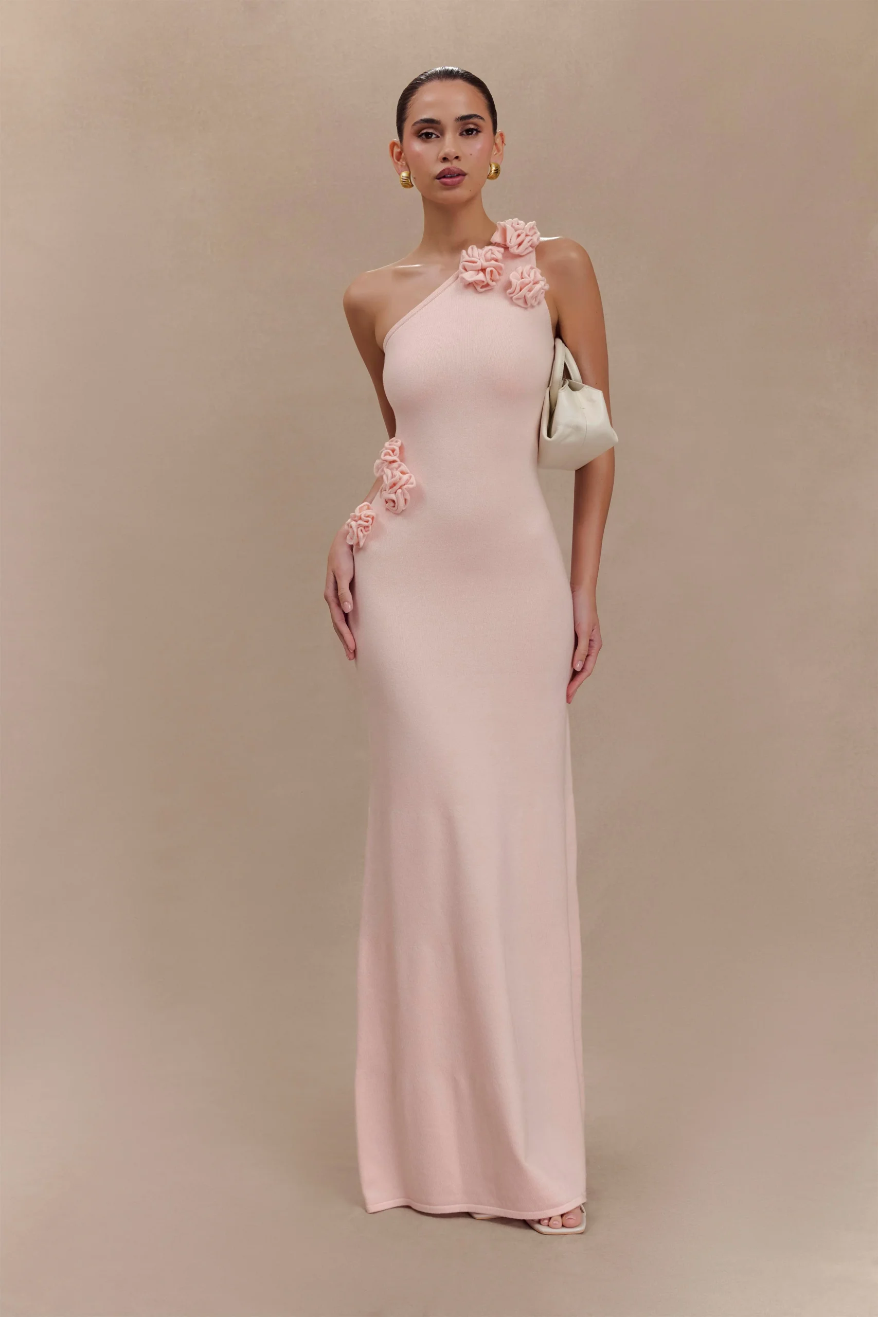 PalomaOne Shoulder Knit Maxi Dress With Flowers - Baby Pink