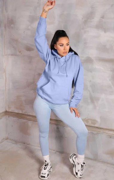 Pastel Blue Oversized Long Sleeve Front Pocket Drawstring Fleece Hoodie - Stella