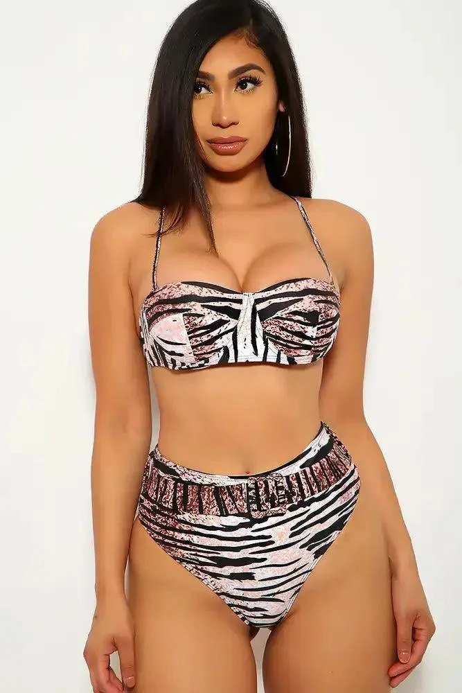 Peach Black Zebra Print Two Piece Swimsuit