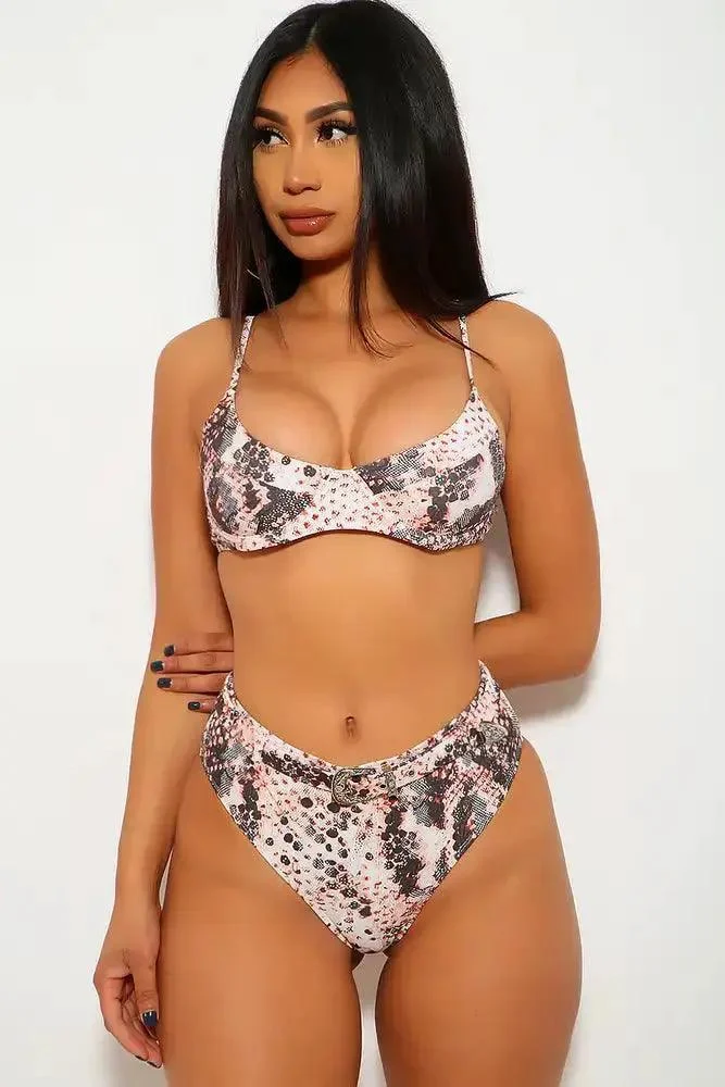 Peach Brown Snake Print Two Piece Swimsuit