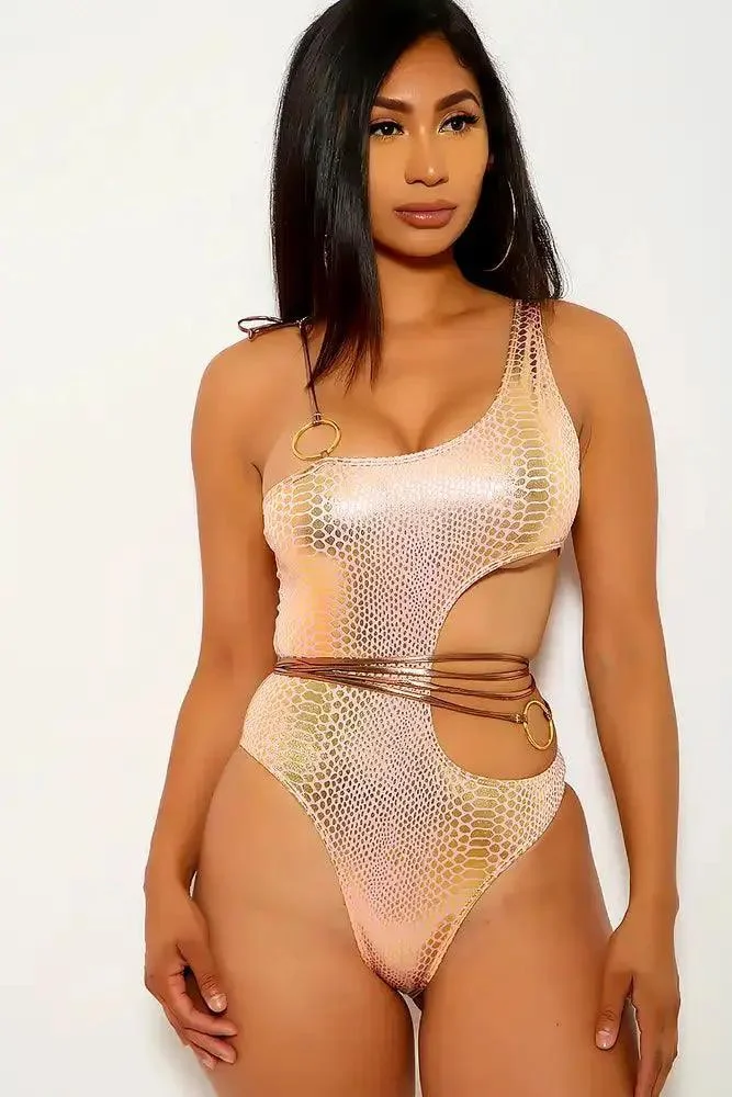 Peach Gold Snake Print Cut Out Monokini