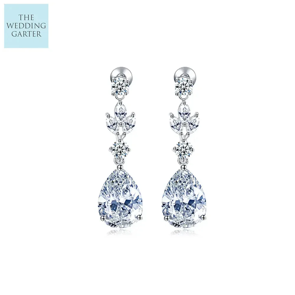 Pear Cubic Zirconia Crystal Dangle Drop Wedding Earrings
