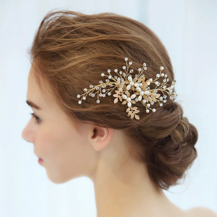 Pearl & Crystal Gold Bridal Hair Accessories Comb