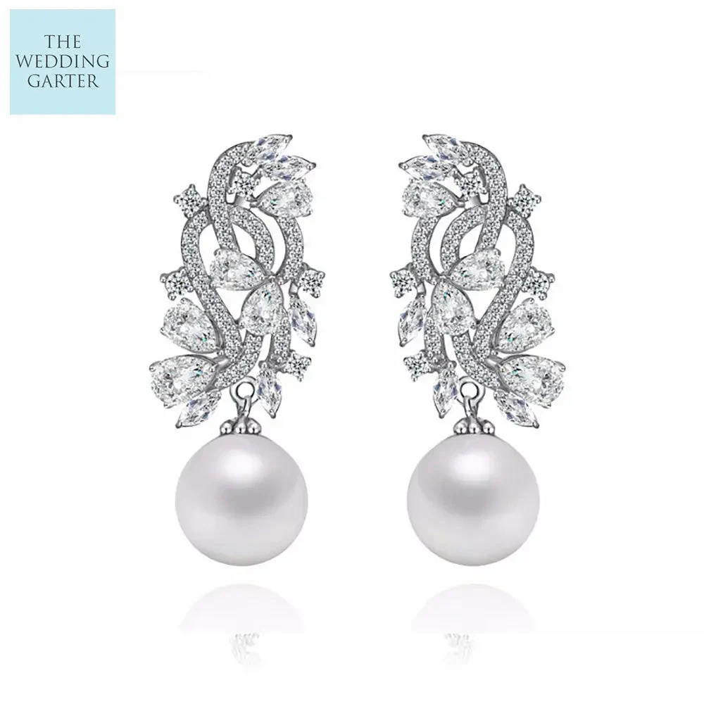Pearl & Cubic Zirconia Diamond Stud Bridal Earrings